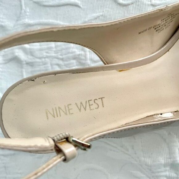Nine West Nude Tan Patent Leather Platform Open Toe Slingback Heels Pumps 8M - Picture 5 of 6